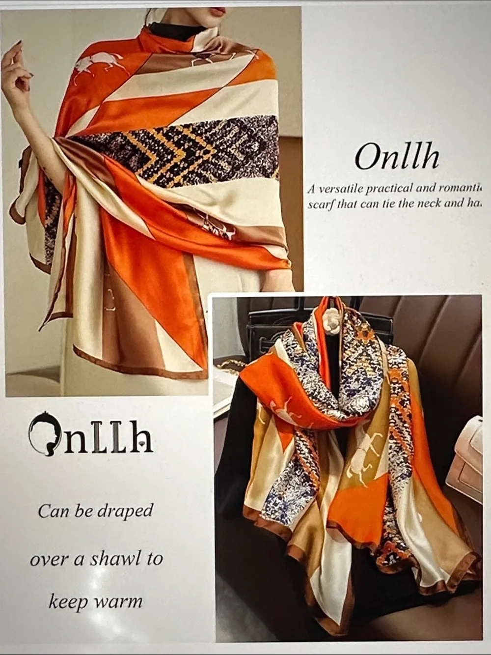 Silk-Feel Orange & Cream Women's Scarf Wrap